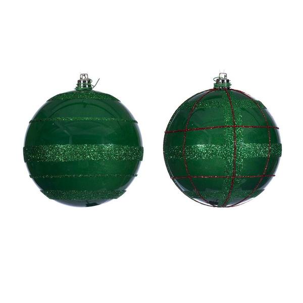4" Green Green / Red Stripe Glitter Ball Ornament (6 Pack)