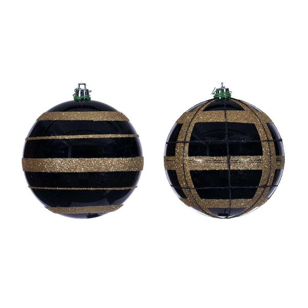 4" Black Black / Gold Stripe Glitter Ball Ornament (6 Pack)