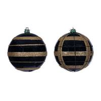 Vickerman 4" Black Black / Gold Stripe Glitter Ball Ornament (6 Pack)
