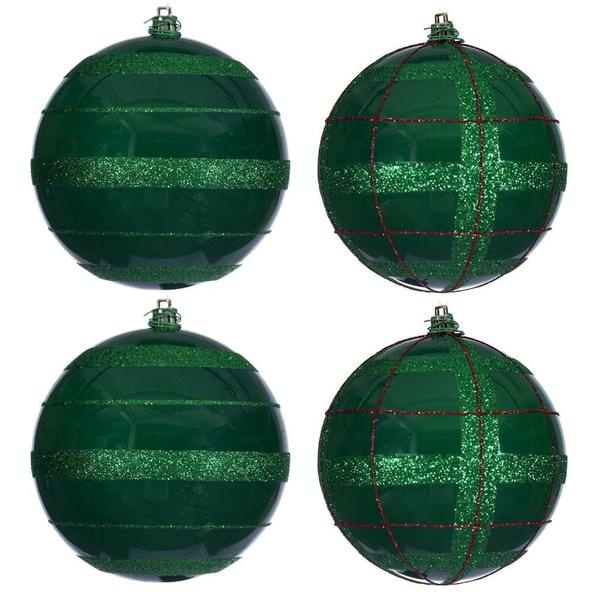 4.75" Green Green / Red Stripe Glitter Ball Ornament (4 Pack)