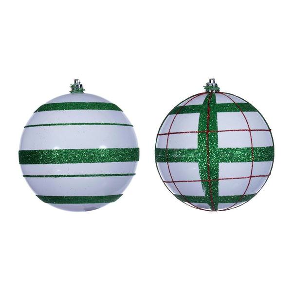 4.75" White Green / Red Stripe Glitter Ball Ornament (6 Pack)