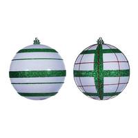 Vickerman 4.75" White Green / Red Stripe Glitter Ball Ornament (6 Pack)