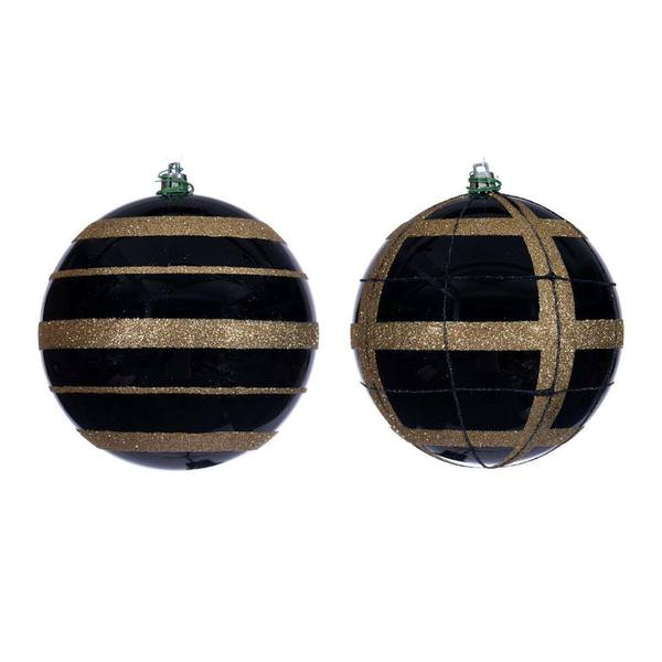 4.75" Black Black / Gold Stripe Glitter Ball Ornament (4 Pack)