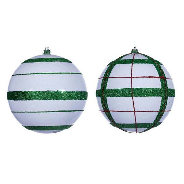 6" White Green / Red Stripe Glitter Ball Ornament (4 Pack)