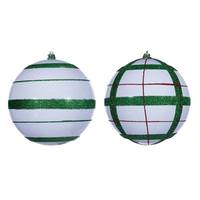 Vickerman 6" White Green / Red Stripe Glitter Ball Ornament (4 Pack)