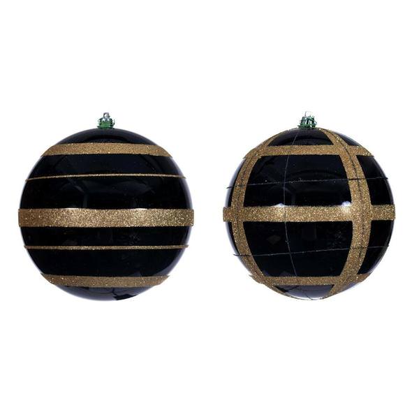 6" Black Black / Gold Stripe Glitter Ball Ornament (4 Pack)