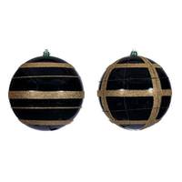 Vickerman 6" Black Black / Gold Stripe Glitter Ball Ornament (4 Pack)