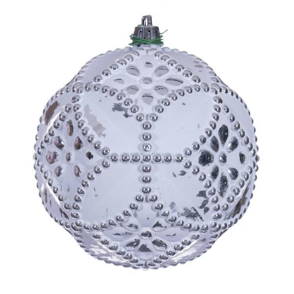 4" Silver Etch Antique Design White Brush Ornament (6 Pack)