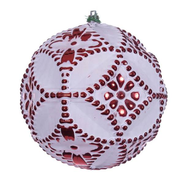 6" Red Etch Antique Design White Brush Ornament (4 Pack)