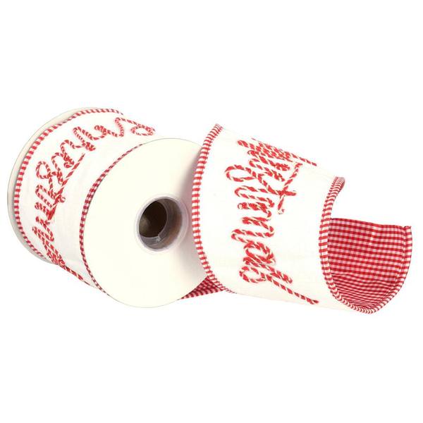 4" x 15' White Embroidered Rope Merry Christmas Ribbon