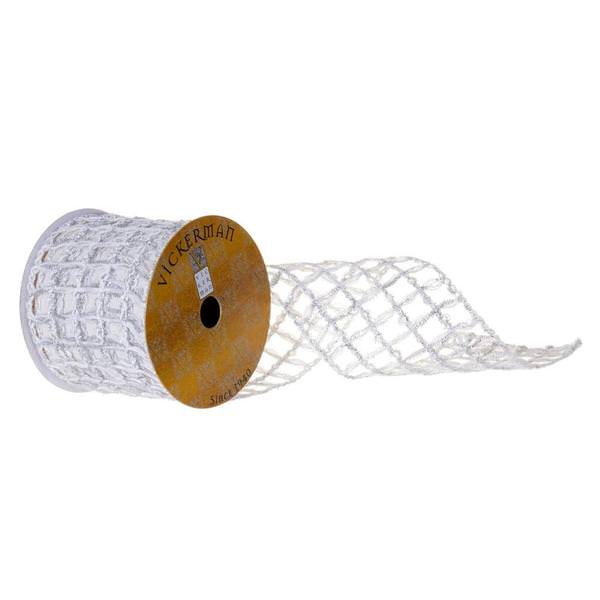 4" x 30' White Jute Tinsel Grid Ribbon