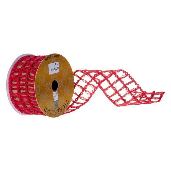 2.5" x 30' Red Jute Tinsel Grid Wired Edges Ribbon