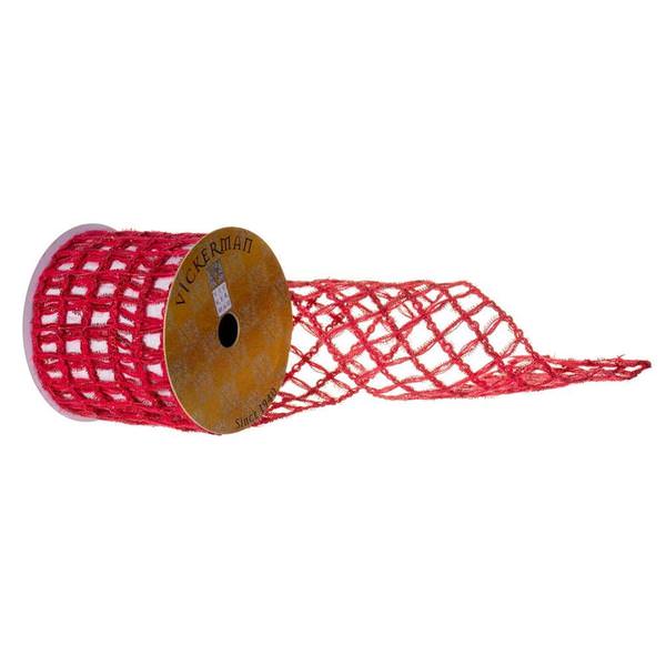 4" x 30' Red Jute Tinsel Grid Ribbon