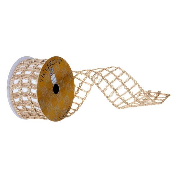2.5" x 30' Natural Jute Tinsel Grid Wired Edges Ribbon