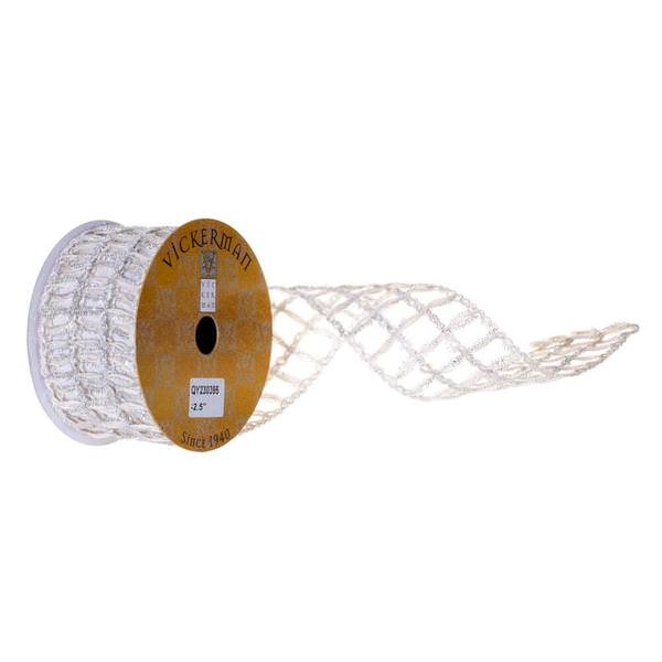 2.5" x 360" White Jute Tinsel Grid Wired Ribbon