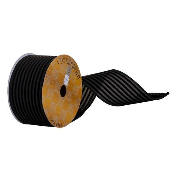2.5" x 360" Black Velvet Thin Stripe Wired Ribbon