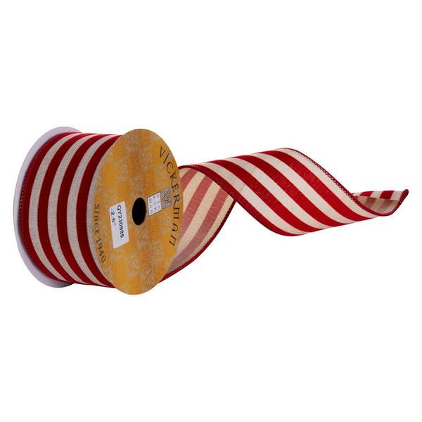 2.5" x 360" Red / Beige Velvet Stripe Wired Ribbon