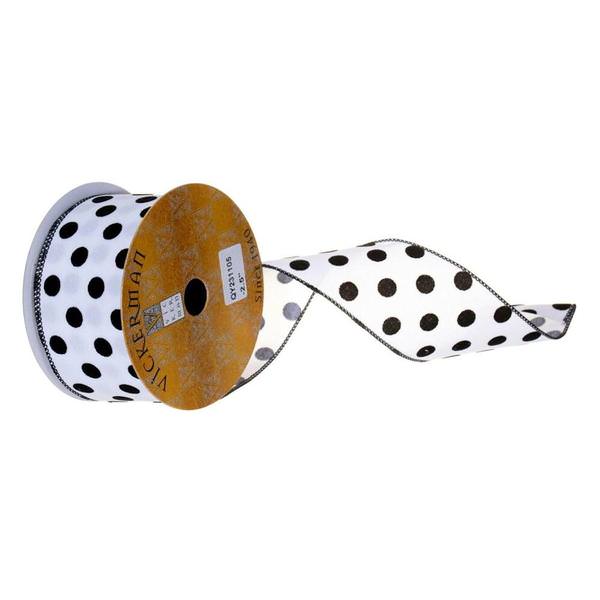 2.5" x 360" Black / White Velvet Dot Wired Ribbon