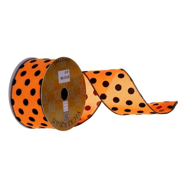 2.5" x 360" Black / Orange Velvet Dot Wired Ribbon