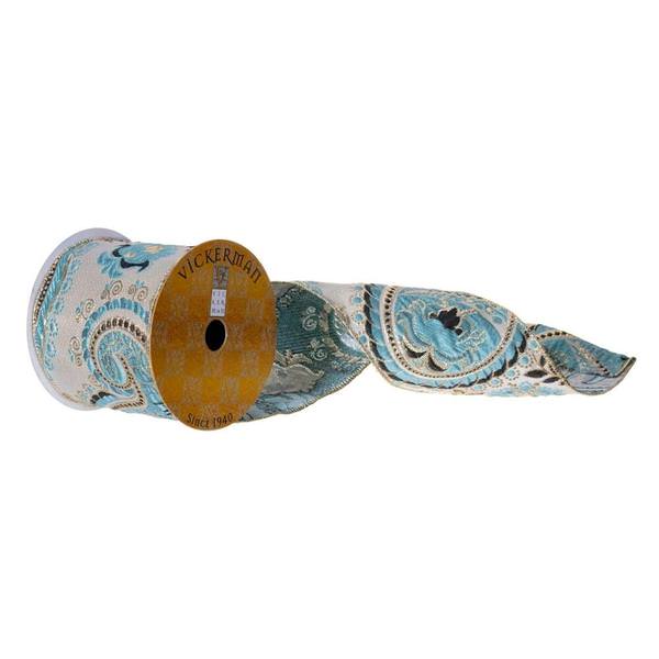 4"X10Y Pewter / Light Blue Paisley Ribbon