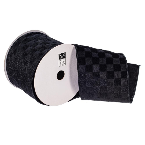 4" x 10Yd Black Velvet Checkered Satin Back Christmas Ribbon