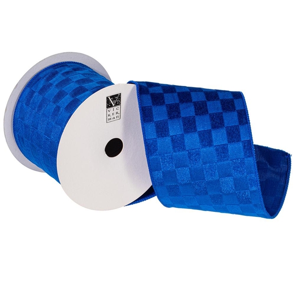 4" x 10Yd Blue Velvet Checkered Satin Back Christmas Ribbon