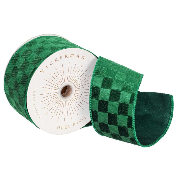 2.5" x 10Yd Green Velvet Satin Checkered Christmas Ribbon