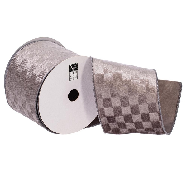 4" x 10Yd Silver Velvet Checkered Satin Back Christmas Ribbon