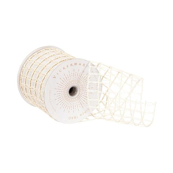 3.75" x 10Yd Ivory Thin Grid Wired Ribbon