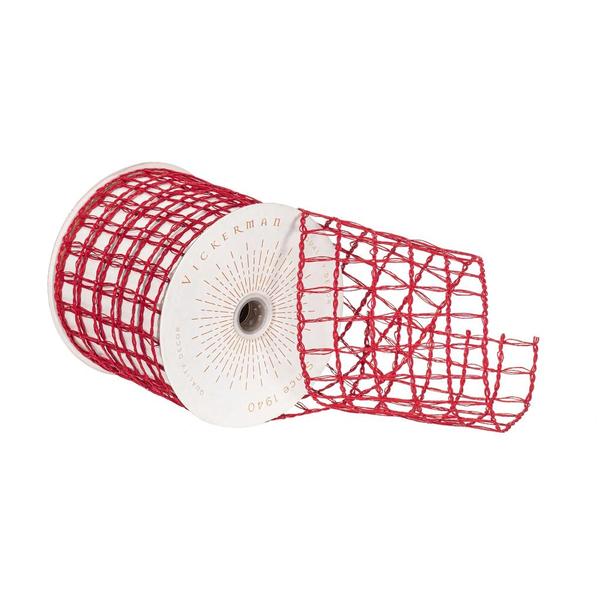 3.75" x 10Yd Red Thin Grid Wired Ribbon
