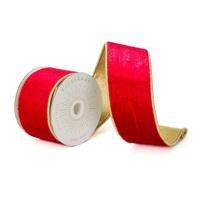 Vickerman 2.5" x 10Yd Red Shiny Velvet Gold Trim Christmas Ribbon