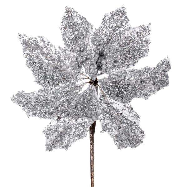 9" Silver Glitter Petal Poinsettia Spray (3 pack)