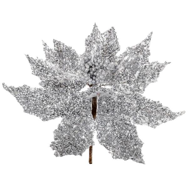 12" Silver Glitter Poinsettia Stem (2 pack)