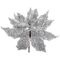 Vickerman 12" Silver Glitter Poinsettia Stem (2 pack)