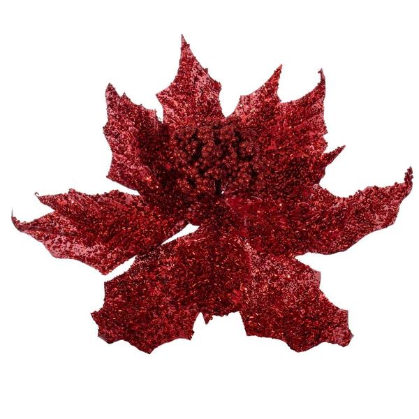 18" Red Glitter Poinsettia Stem