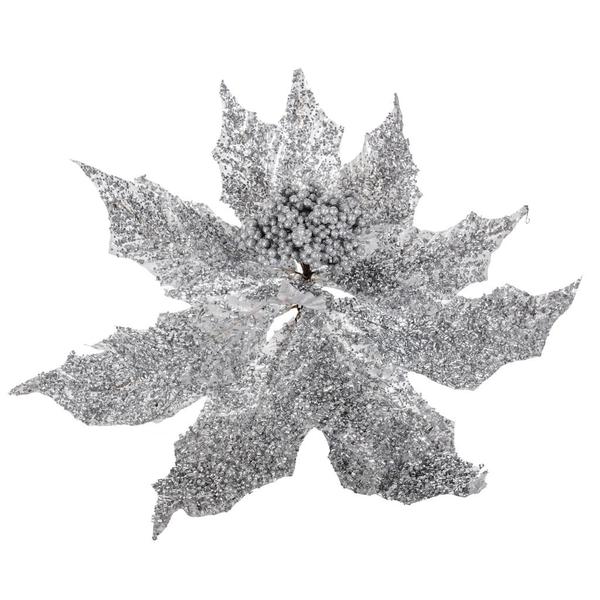 18" Silver Glitter Poinsettia Stem