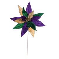 Vickerman 20" Purple/Gold/Green Mardi Gras Sequin Poinsettia Artificial Flower Stem (3 Pack)
