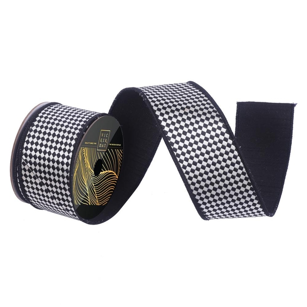 2.5" x 10Yd Blk/Whte Diagonal Checkerboard Dupion Backing Christmas Ribbon