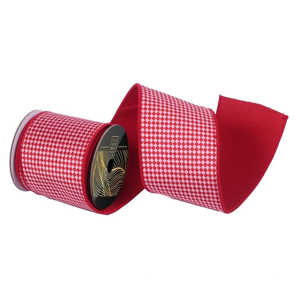 4" x 10Yd Red / Pink Diagonal Checkerboard Red Dupion Back Christmas Ribbon