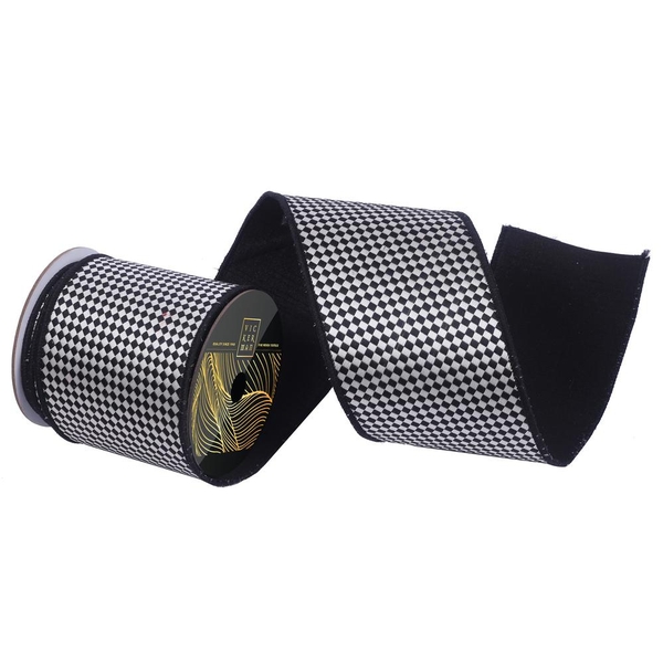 4" x 10Yd Black / White Diagonal Checkerboard Black Dupion Back Christmas Ribbon