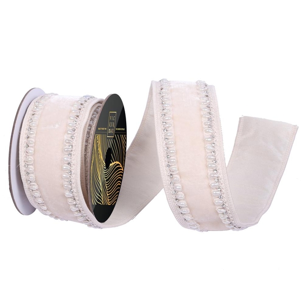 2.5" x 5yd Ivory Velvet Pearl Jewel Trim Christmas Ribbon