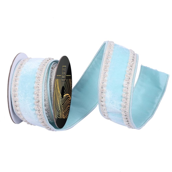 2.5" x 5yd Baby Blue Velvet Pearl Jewel Trim Christmas Ribbon