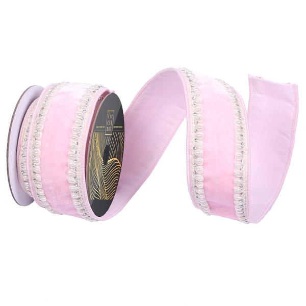 2.5" x 5yd Pink Velvet Ivory Pearl Jewel Trim Christmas Ribbon 2.5" x 5yd Pink Velvet Ivory Pearl Jewel Trim Christmas Ribbon