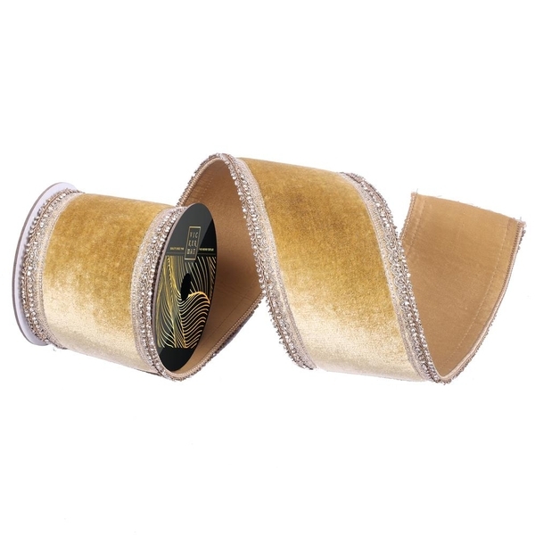 4" x 5yd Gold Velvet Champagne Jewel Trim Christmas Ribbon