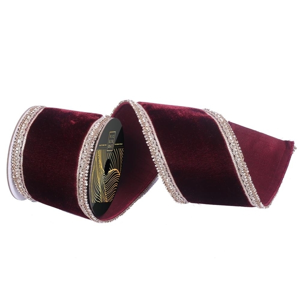 4" x 5yd Burgundy Velvet Champagne Jewel Trim Christmas Ribbon
