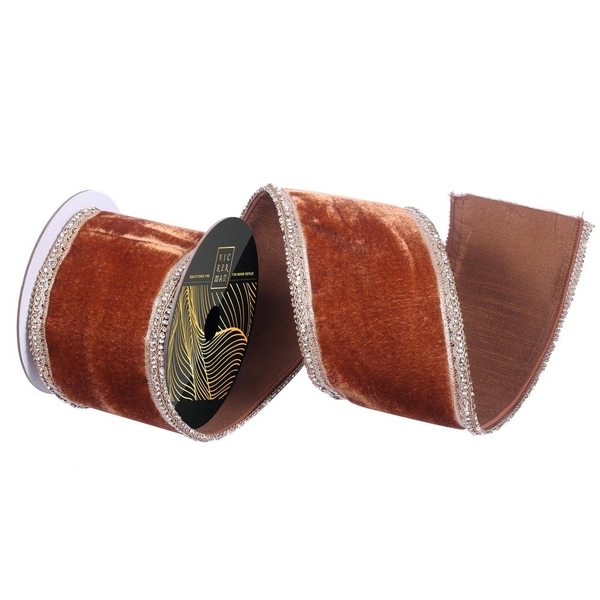 4" x 5yd Mocha Velvet Champagne Jewel Trim Christmas Ribbon