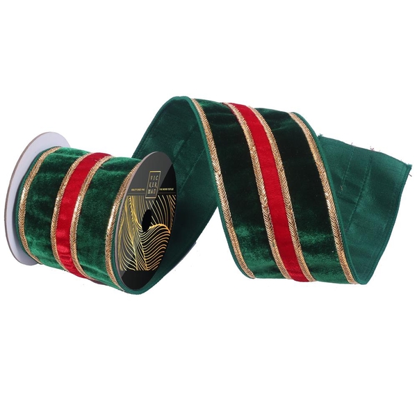 4"x5yd' Green / Red Velvet Gold Line/Trim Ribbon