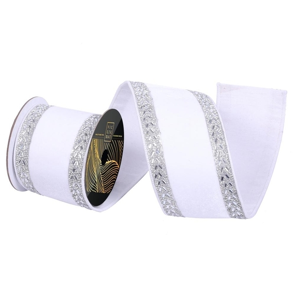 4" x 5yd White Velvet Silver Jewel Trim Christmas Ribbon