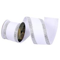 Vickerman 4" x 5yd White Velvet Silver Jewel Trim Christmas Ribbon