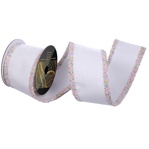 4"x5yd White Velvet Jewel Sequin Pearl Trim Christmas Ribbon
